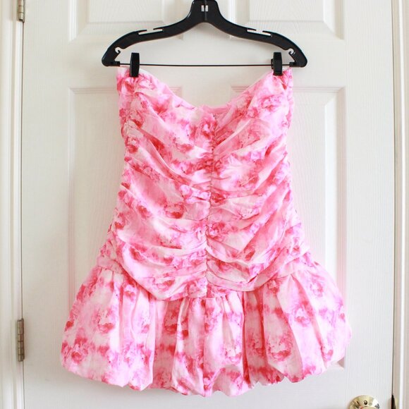 Hello Molly Petals Sprinkled Strapless Mini Dress Pink Bubble Hem - Picture 10 of 12